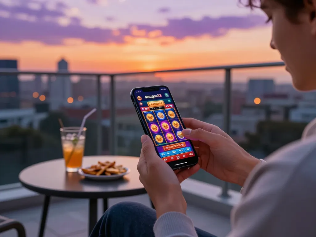 Pemain yang terlibat merayakan kemenangan di aplikasi seluler deragon88 dari pengaturan balkon yang stylish.