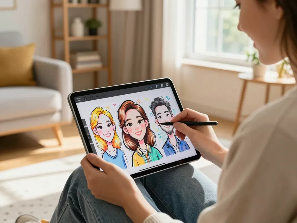 Create a caricature with a person enjoying a caricature creation app in a cozy home setting.