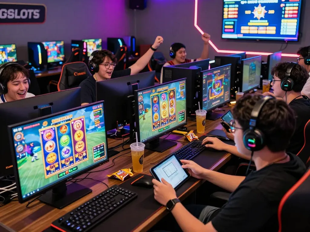Players enjoying a thrilling session on the kdslot platform in a modern gaming lounge.