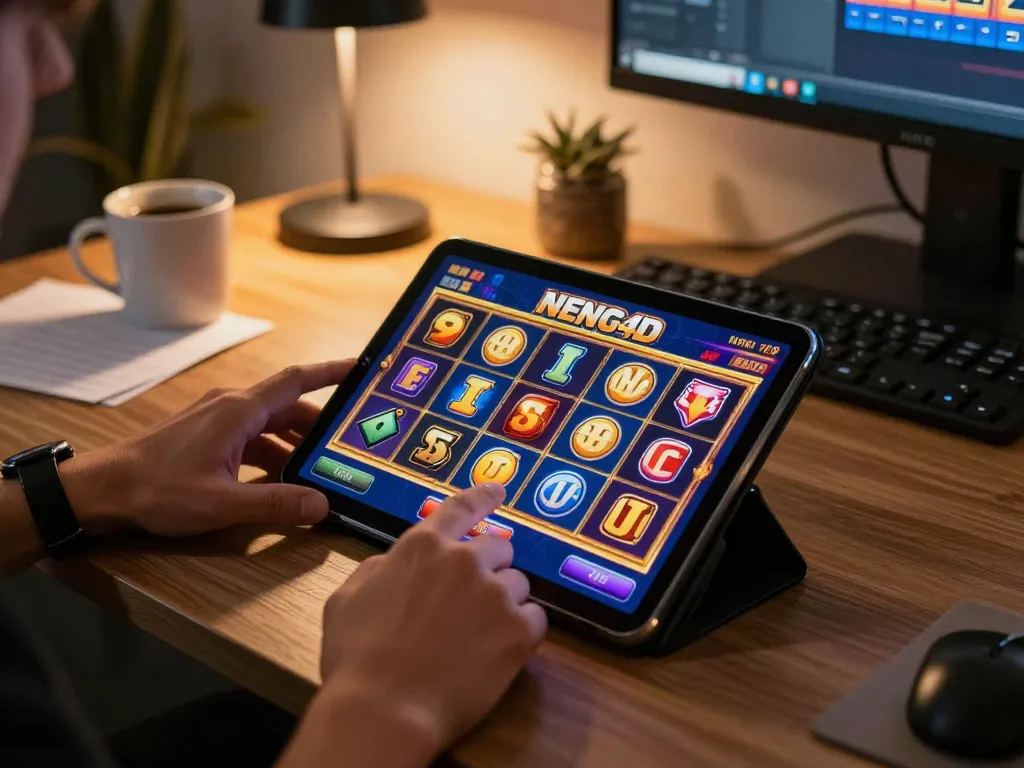 NENG4D player enjoying a vibrant slot game on tablet showcasing spin button action