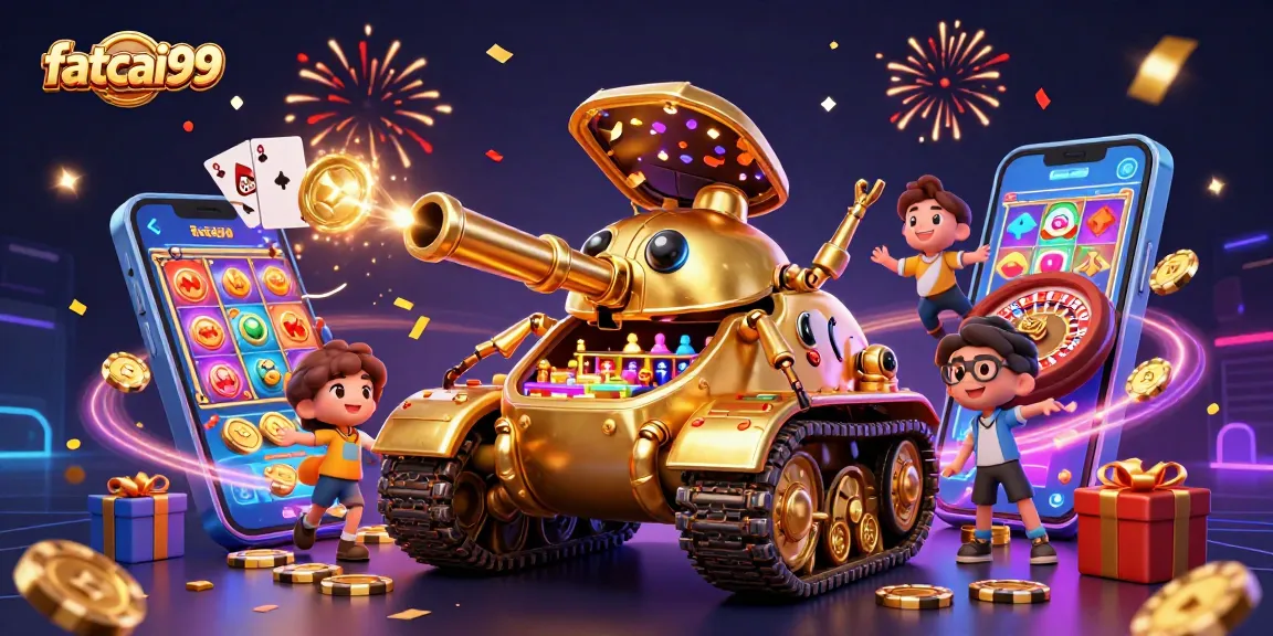 Experience the thrill of fatcai99 as confetti shoots from a golden beetle tank casino with exciting gaming features.