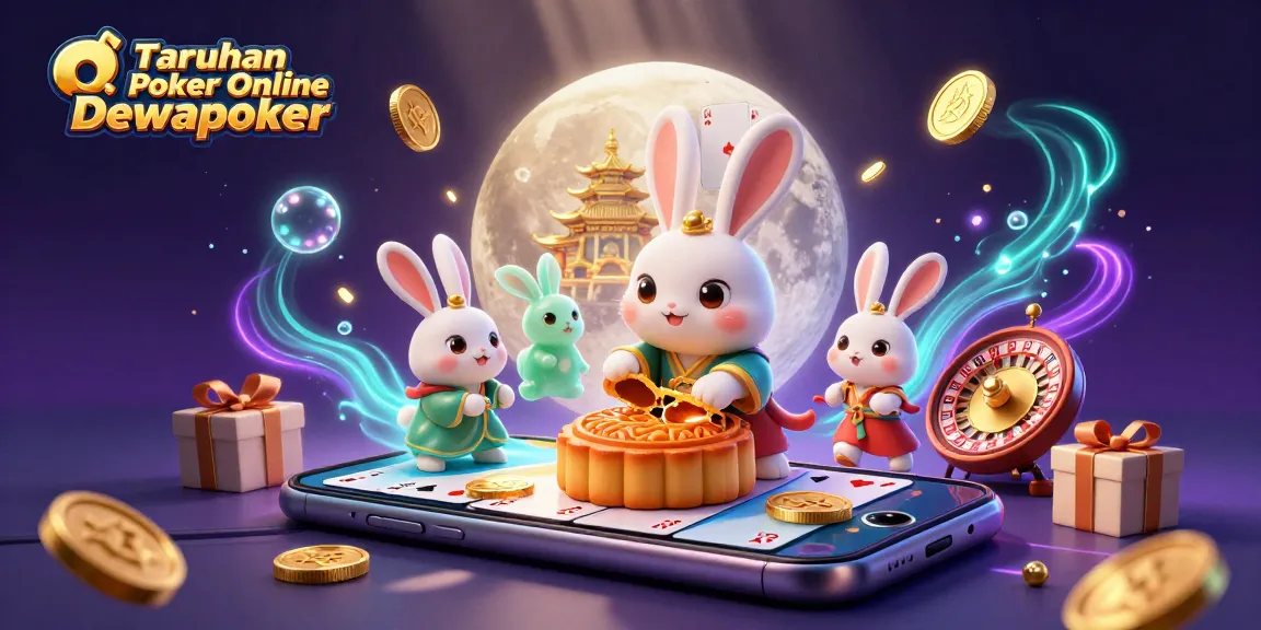 Experience the excitement of Taruhan Poker Online Dewapoker as the moon rabbit reveals poker chips in a vibrant casino scene.