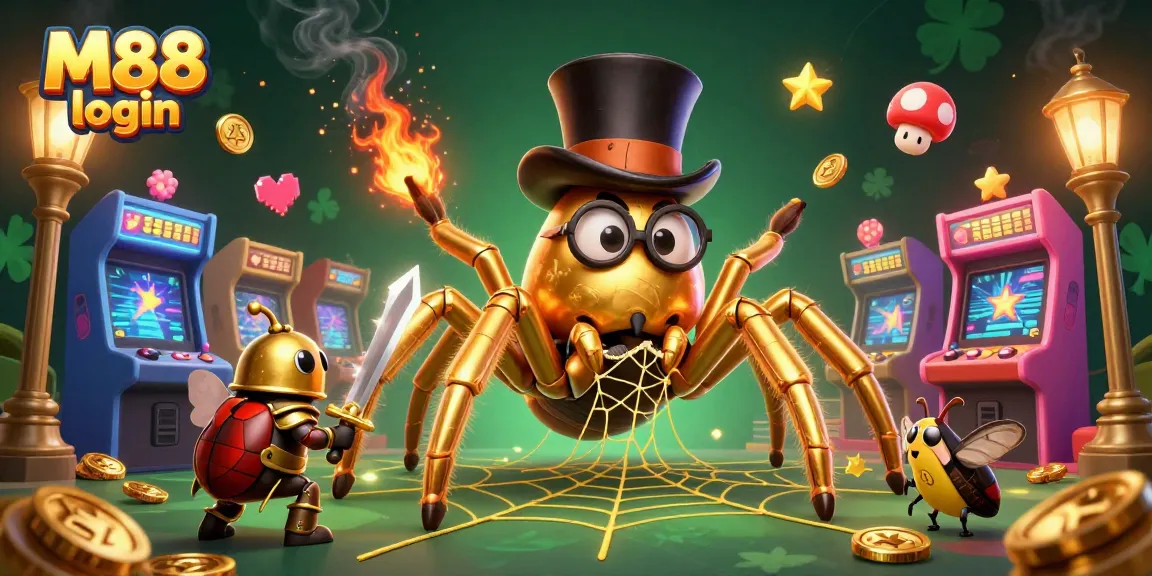 M88 login to a vibrant 3D casino scene featuring a giant tarantula and beetle knight in action