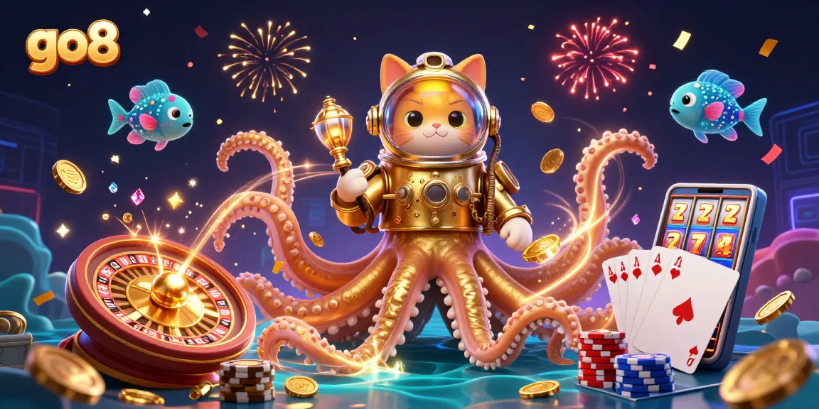 Experience the thrill of go8 casino with a kraken and diving cat amidst cascading treasures.