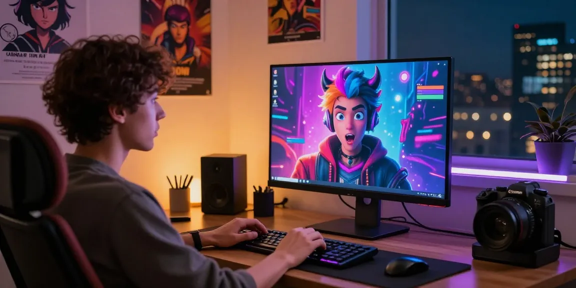 User engaged in NSFW chat with AI character on modern computer, showcasing vibrant atmosphere.