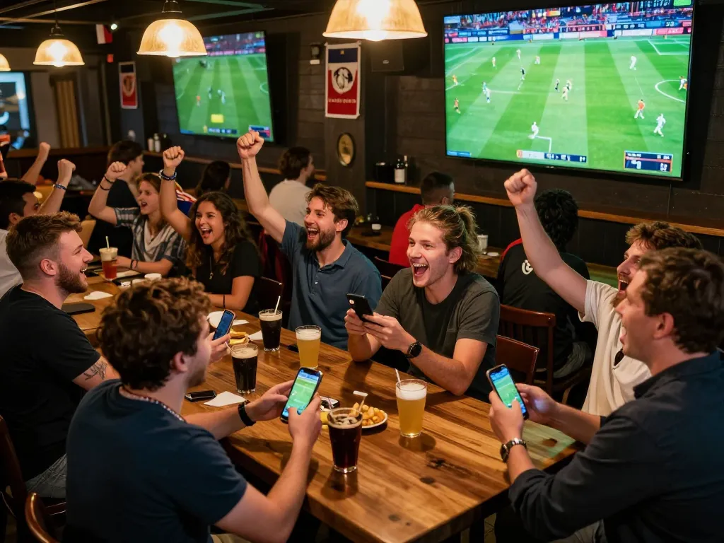 Fans betting and cheering during a live football match, enhancing their Trực Tiếp Bóng Đá experience.