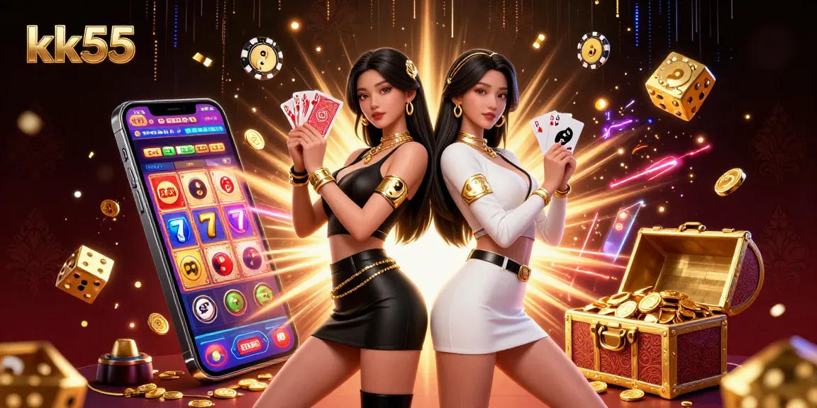 Experience winning at kk55 with twin Asian women holding playing cards amidst casino elements.