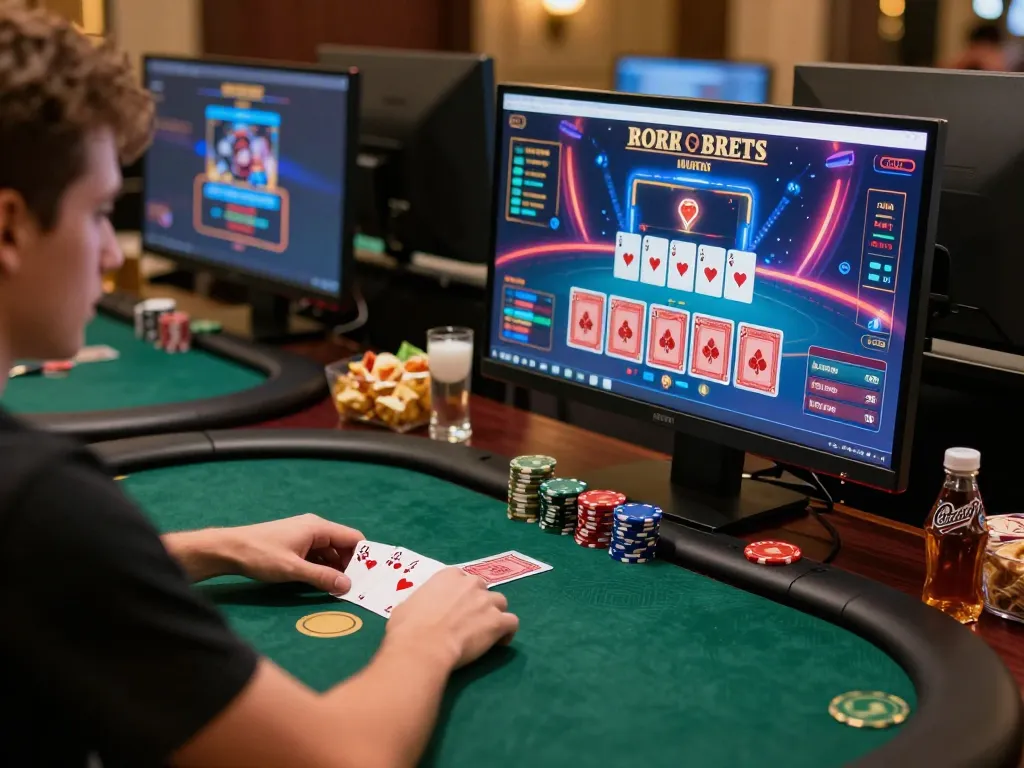 MM88 player analyzing poker strategies on multiple screens in a luxurious gaming setup