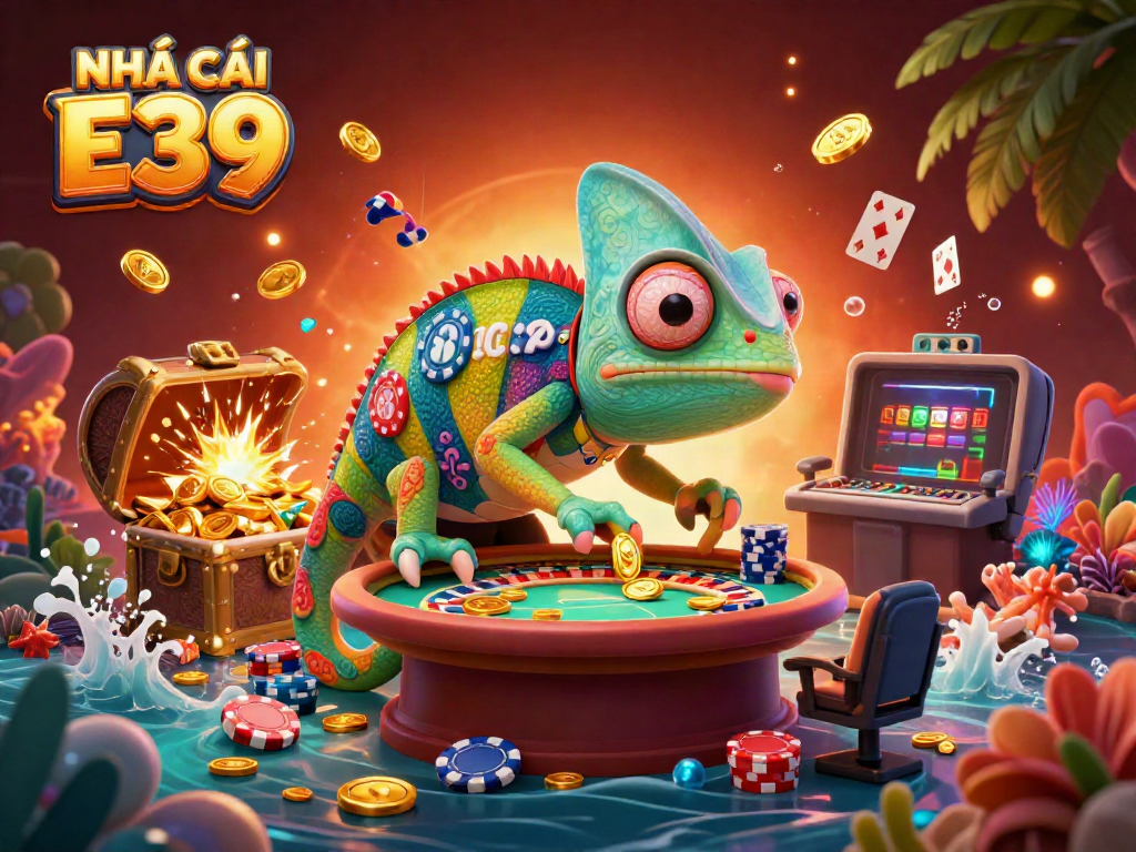 Experience the excitement of NHÀ CÁI E39 with a vibrant chameleon casino owner and dynamic game elements.