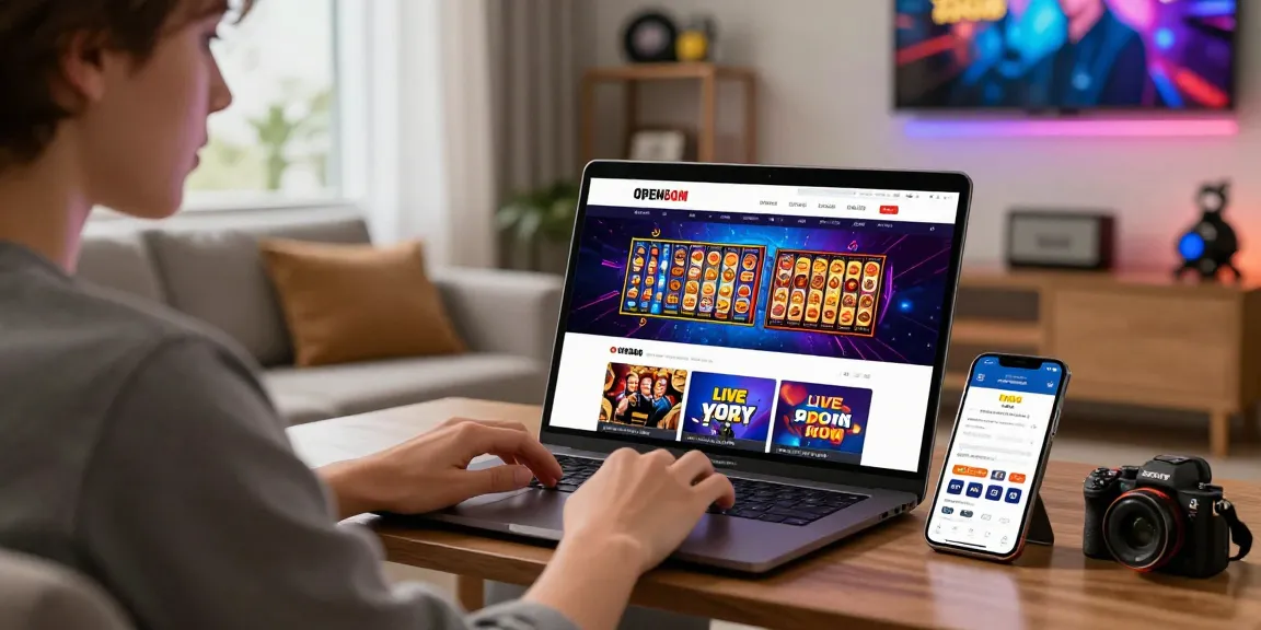 User exploring the diverse gaming options on Open88 COM website from a modern living room, showcasing an engaging online gaming experience with vibrant promotional offers.