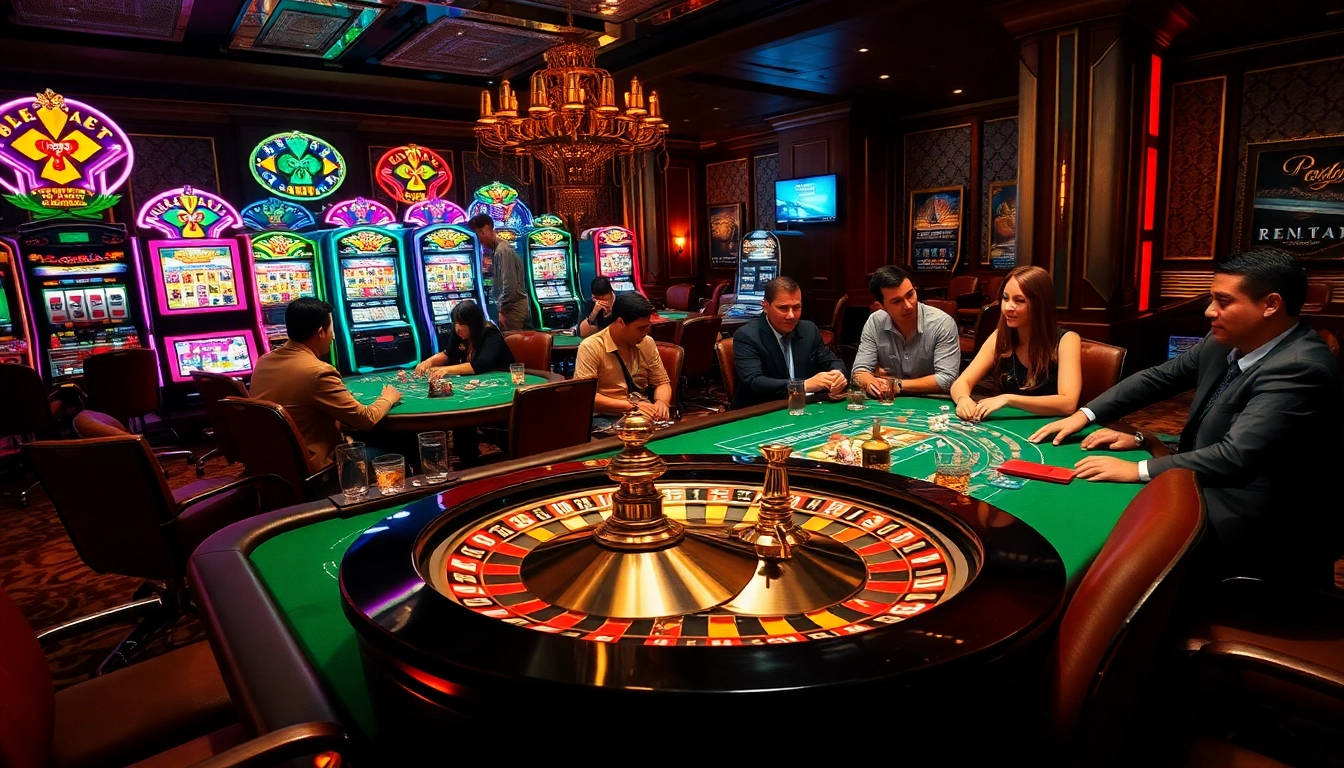 Players engaging passionately in a poker game at ww88 casino, surrounded by vibrant slot machines and a spinning roulette wheel.