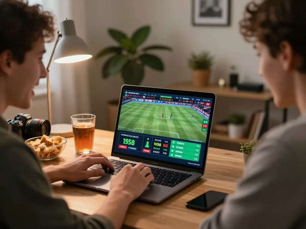 Engaging in sports betting at home using https://ulat123g.com/, showing live event on laptop screen.