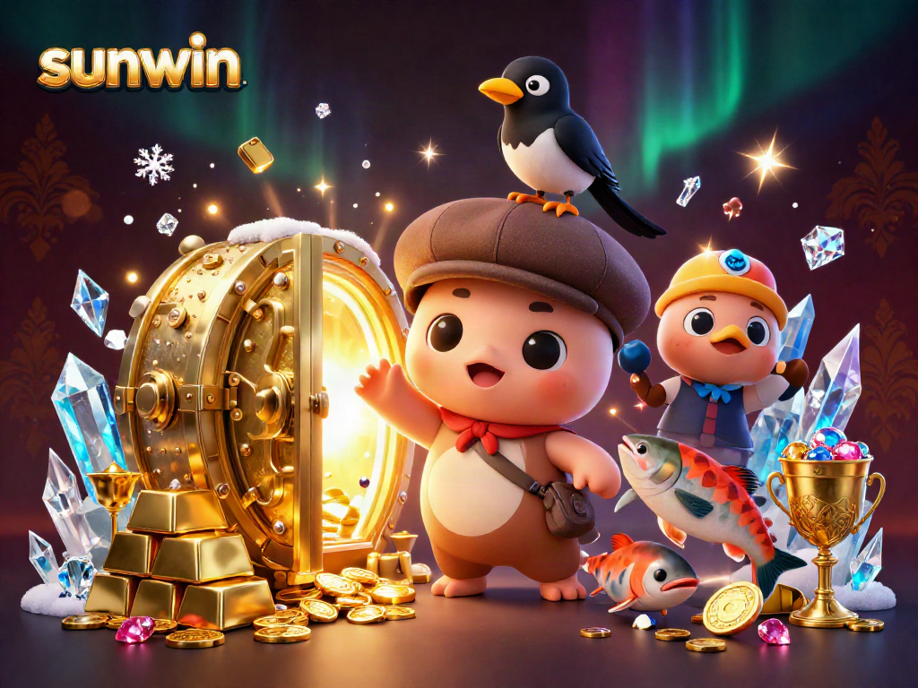 Engaging 3D illustration showcasing the sunwin gaming theme with Nessie, gems, and treasures.