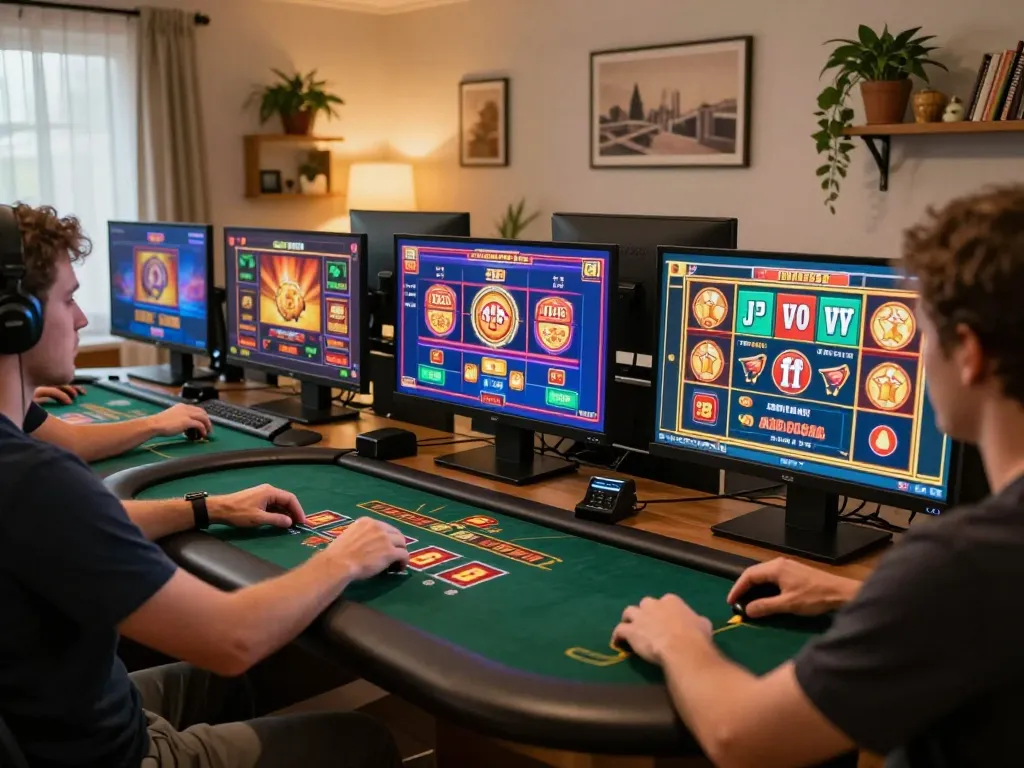 Player enjoying dn88 online casino games on multiple screens in a cozy home setup.