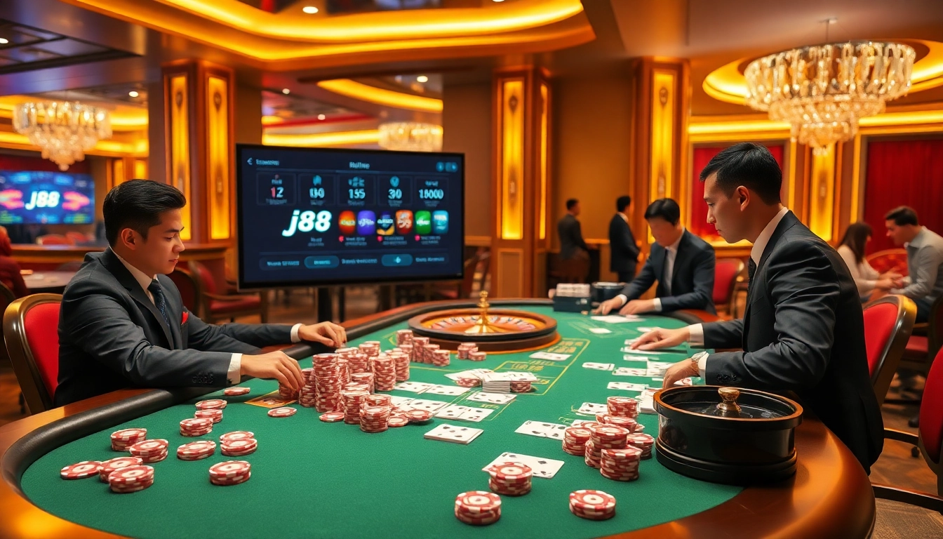 Exciting casino scene showcasing j88 betting with card dealers, poker chips, and a roulette wheel.