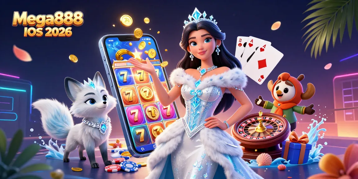 Spin to win with Mega888 iOS 2026, enjoying a vibrant casino experience with an enchanting winter theme.