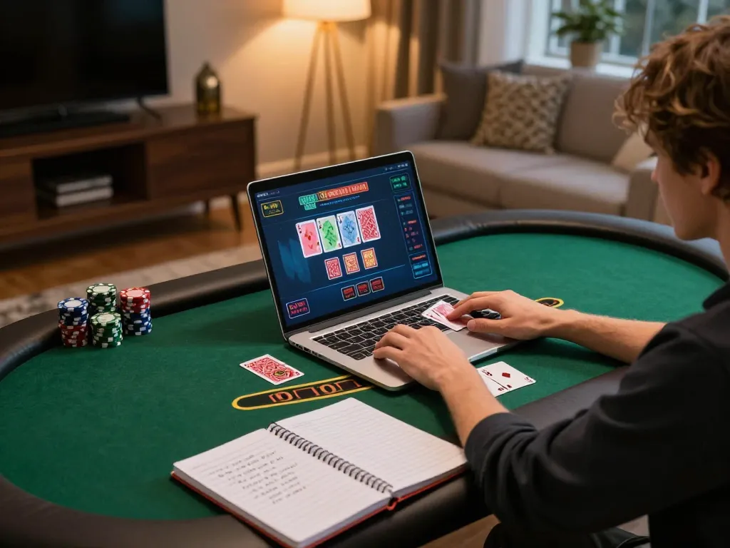 Engaging in online blackjack at home with DH88, showcasing modern gaming with strategy notes.