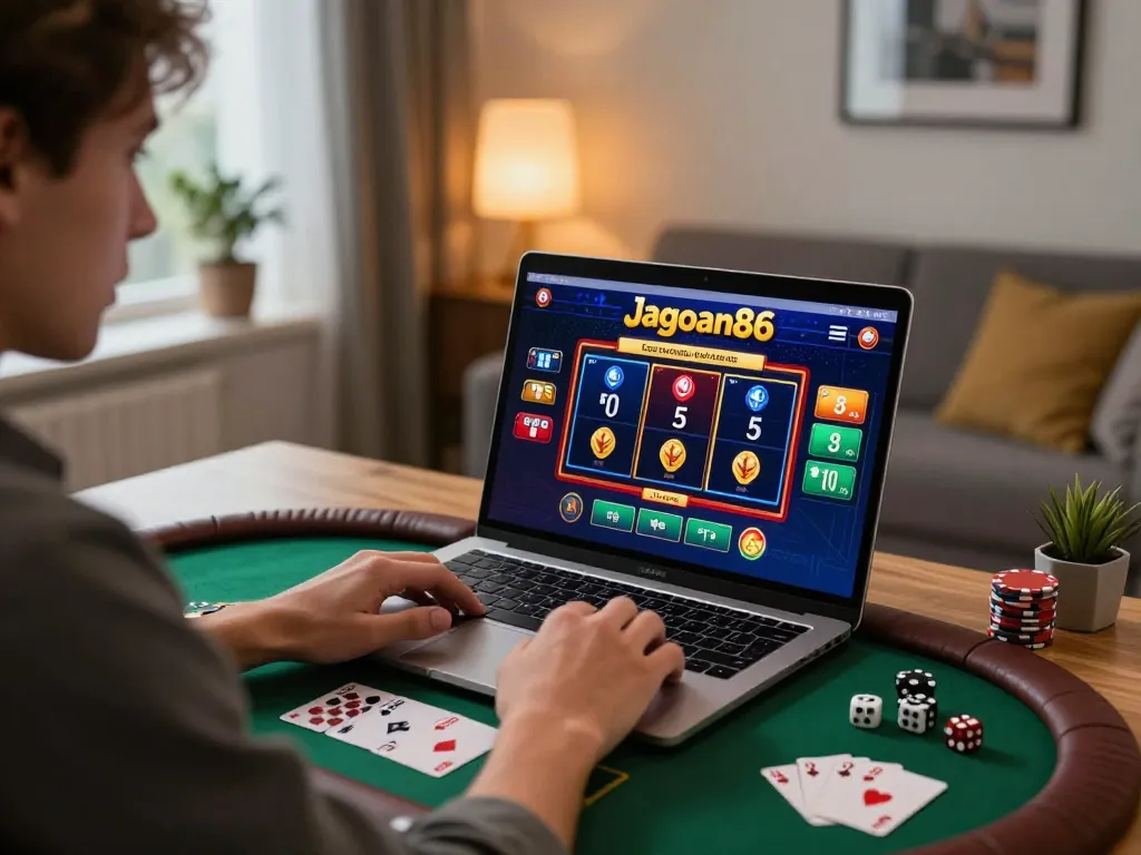 Engaging in the jagoan86 online casino experience from a cozy home office.