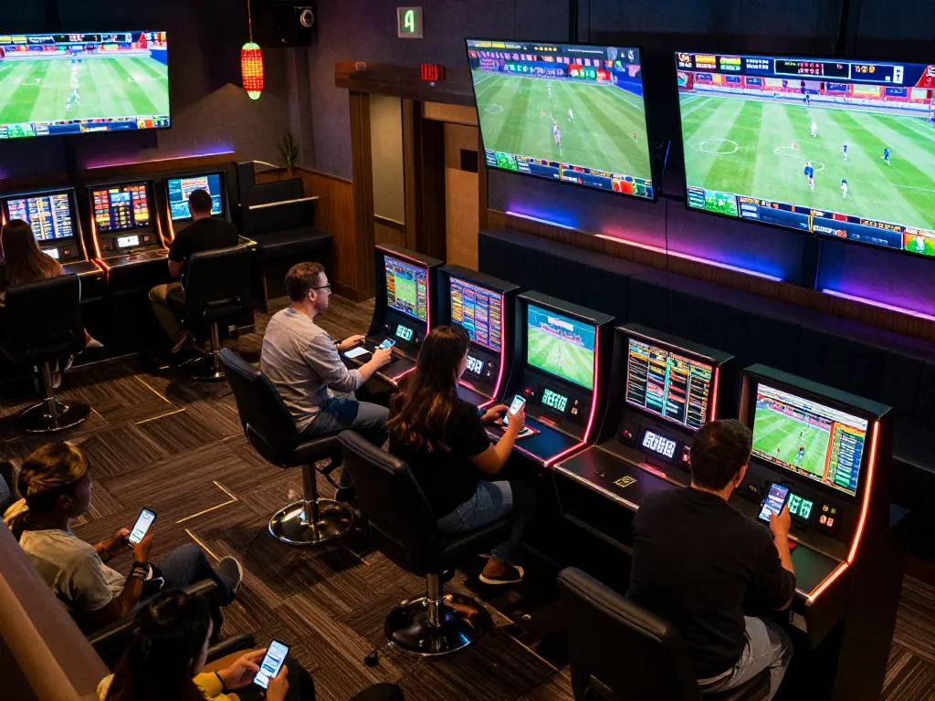 Engaged bettors at U888 sports betting lounge using smartphones to track odds and place bets.