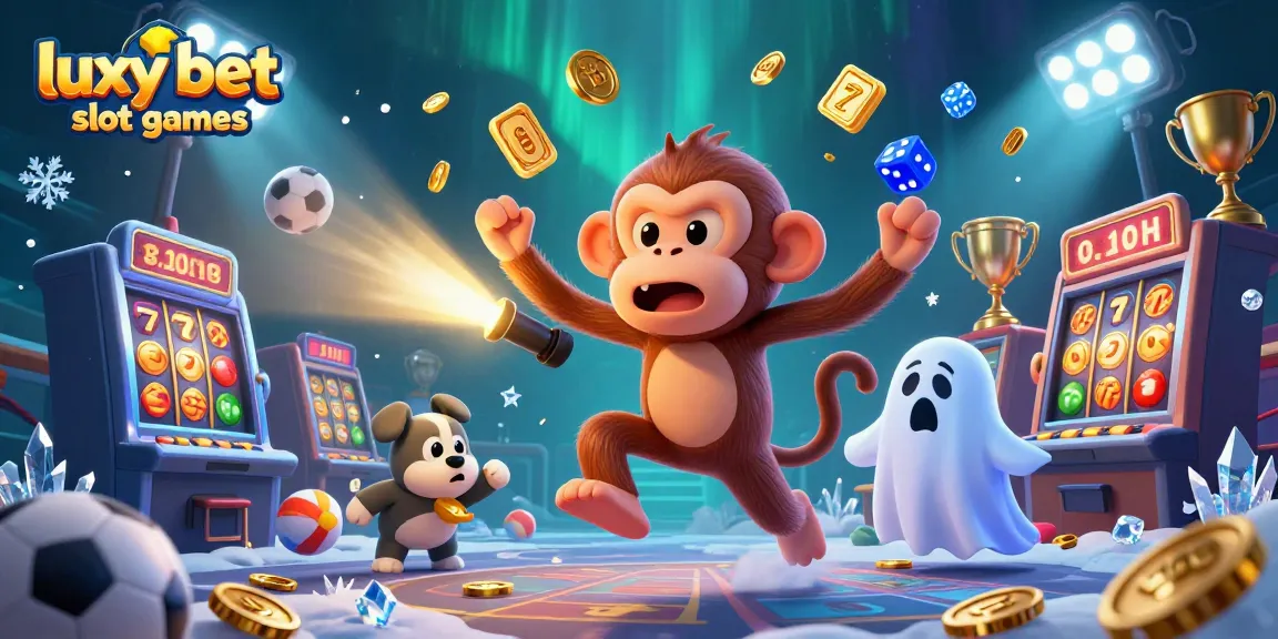 Engage in luxy bet slot games with lively characters in a vibrant casino scene.