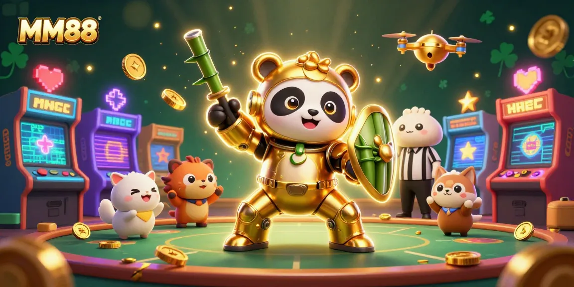 Engage in thrilling MM88 adventures with a golden panda mech-suit navigating a vibrant casino arena.