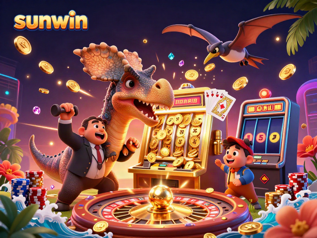 Experience the excitement of sunwin with a cartoon dinosaur headbutting a slot machine amidst flying coins and vibrant casino elements.