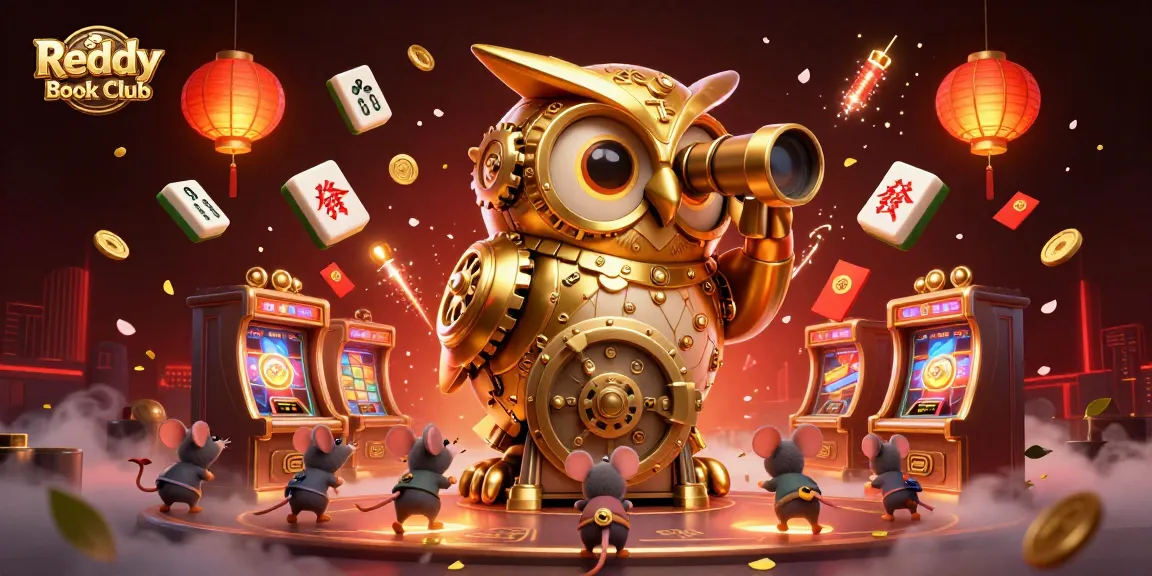 Engage with Reddy Book Club for vibrant online casino fun, featuring a whimsical golden owl and playful patrons.