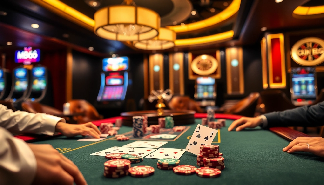 Players at a high-stakes MB66 poker table showcasing winning strategies with vibrant chips and cards.