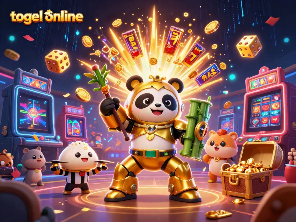 Experience thrilling togel online action with a mech-suit panda in a vibrant casino arena.