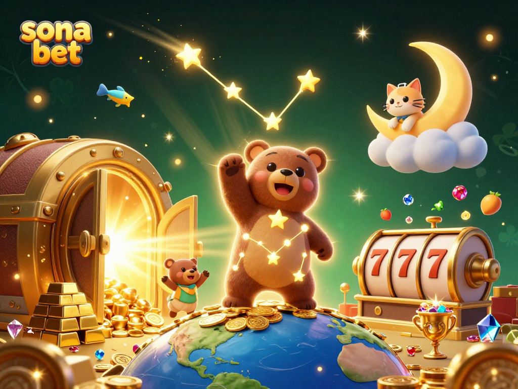 Scoop up wins with sona bet in a vibrant 3D casino scene filled with gold, gems, and slots.