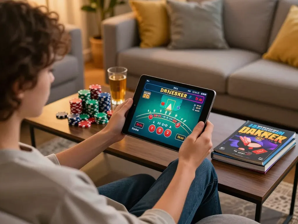 Player engaging with aa88i online casino blackjack on tablet in a cozy living room setup.