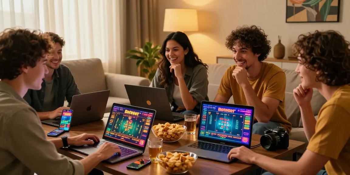 Group enjoying online betting on Betebet platform in a cozy living room.