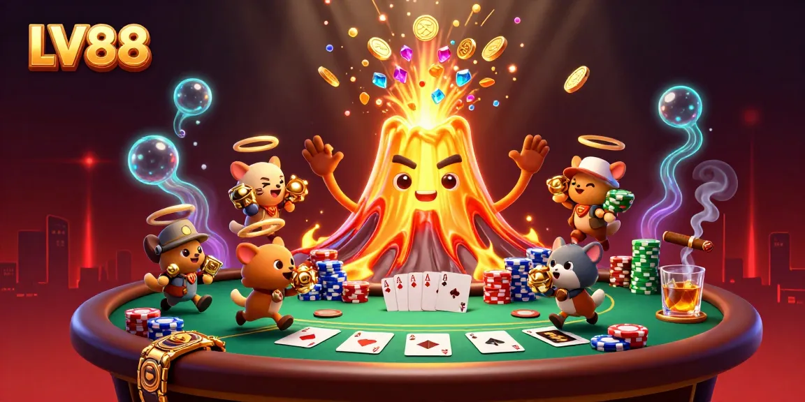 Experience exhilarating gaming at LV88 with a golden volcano fountain of coins and poker elements.