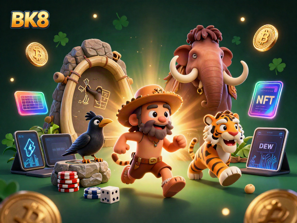 Experience the thrilling BK8 casino adventure with a caveman duo and sabertooth tiger amidst digital crypto elements.
