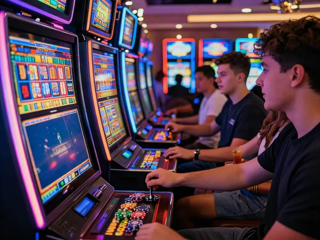 Players enjoying SLOT GACOR machines in a vibrant casino setting.