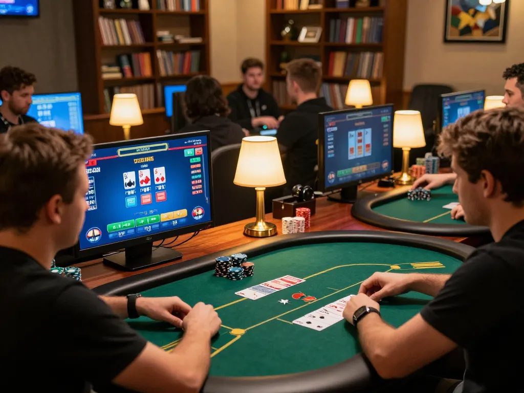 MM88 online poker game featuring players strategizing bets on colorful screens and enjoying a cozy atmosphere.