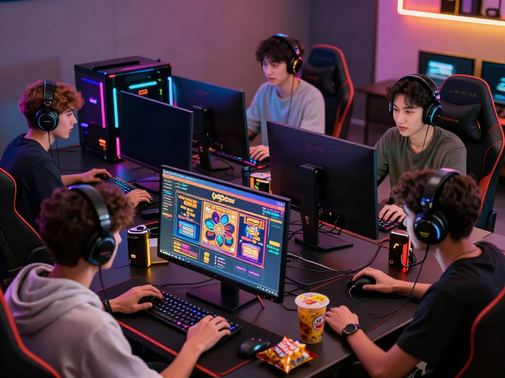 Group of gamers enjoying slot gacor thailand experience in a lively gaming setup.