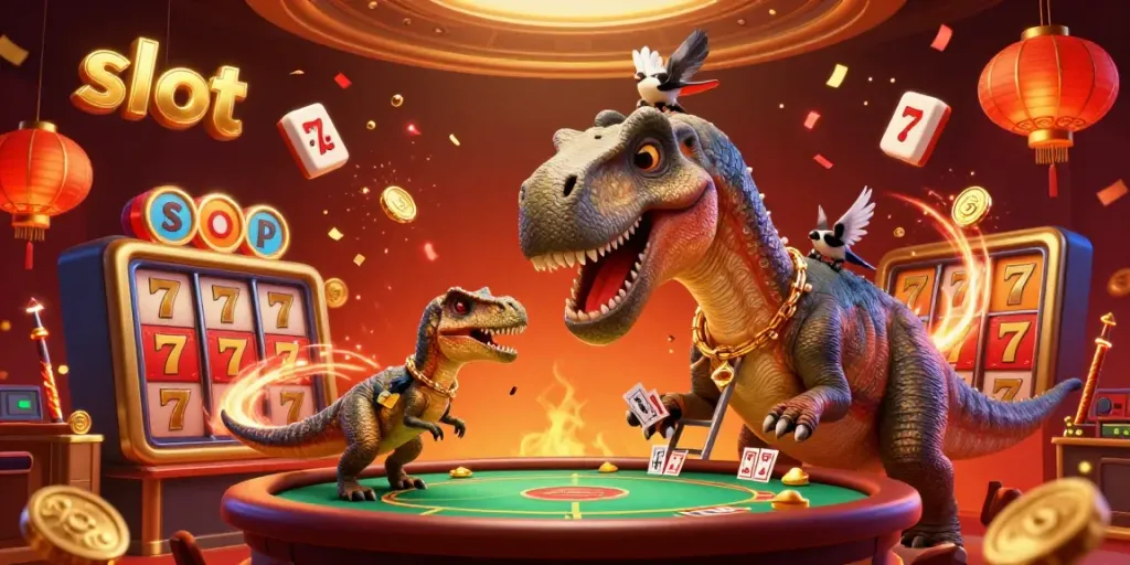 Engage with vibrant slot machines, jackpots, and playful dinosaurs in a lively casino scene.
