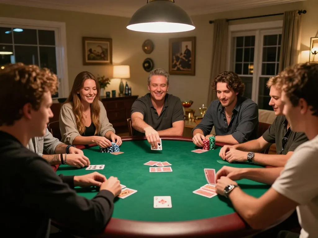 Players engaged in a thrilling poker night at home, showcasing responsible gambling and camaraderie, while enjoying ดูหนังออนไลน์.