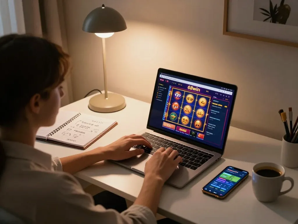 Person engaged in online gaming with 68win interface in a cozy home setup