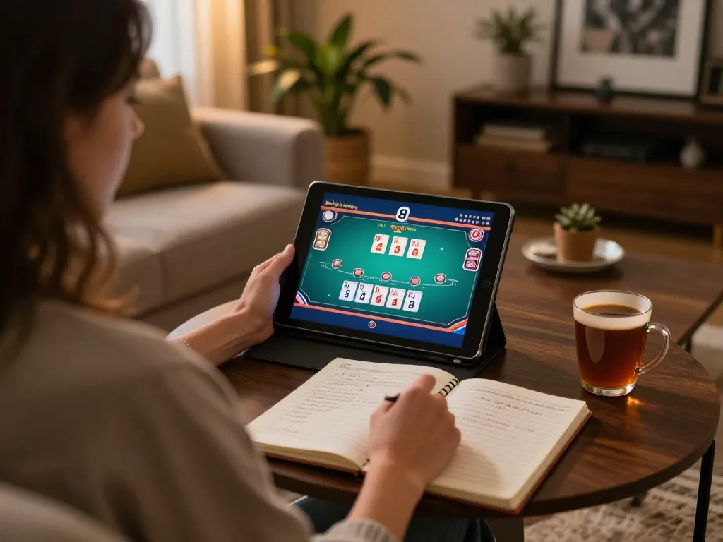 Person engaging in a go8 online poker game at home, showcasing a comfortable and responsible gaming setup
