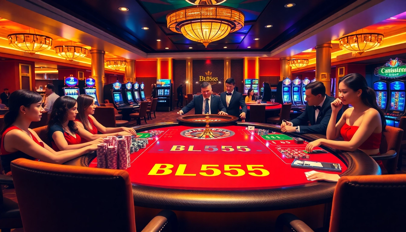 Players enjoying a lively game at the BL555 casino table, surrounded by vibrant gaming action.