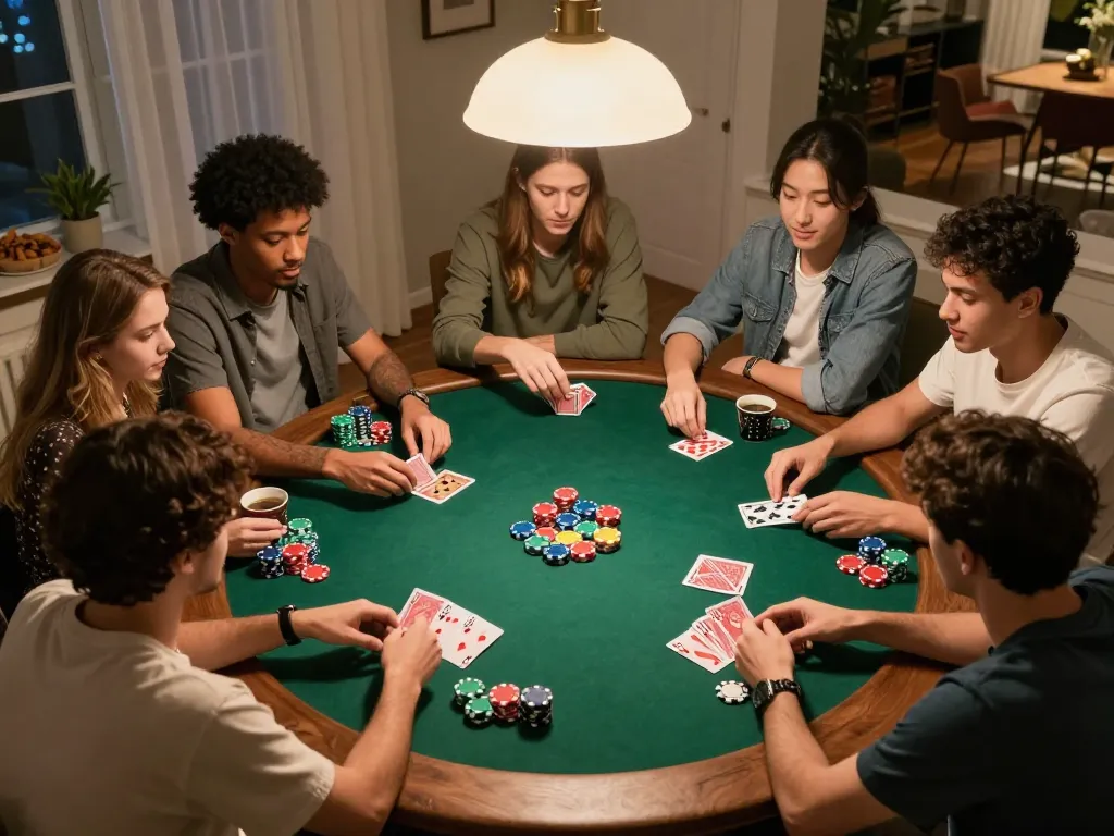 Friends playing poker at home, engaging in strategic gameplay with lively interaction, enjoying a lively gambling night with b52 chips and cards.
