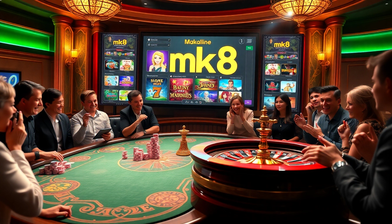 Captivating scene of สมัคร เว็บตรง mk8 featuring excited players at a luxurious casino gaming table.
