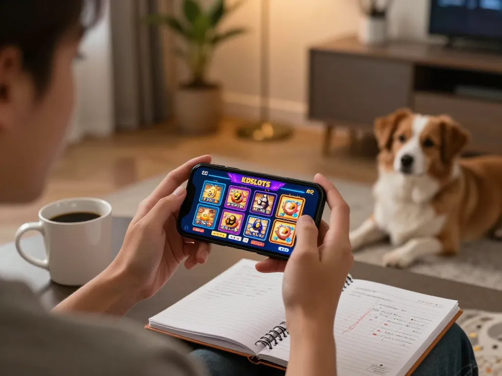 Engaging in kdslot mobile gaming on a smartphone in a cozy living room, emphasizing responsible entertainment