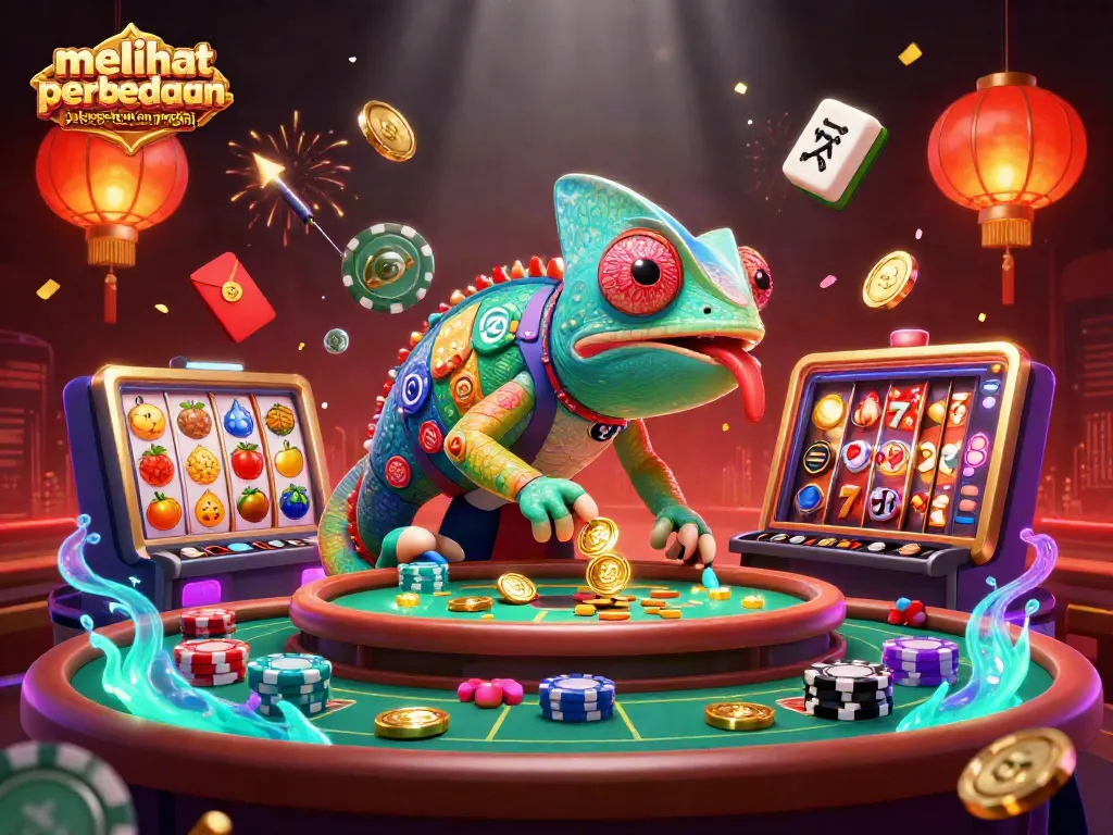 Ilustrasi 3D kasino menampilkan chameleon dan simbol jackpot, menjelaskan melihat perbedaan jackpot tetap dan progresif.