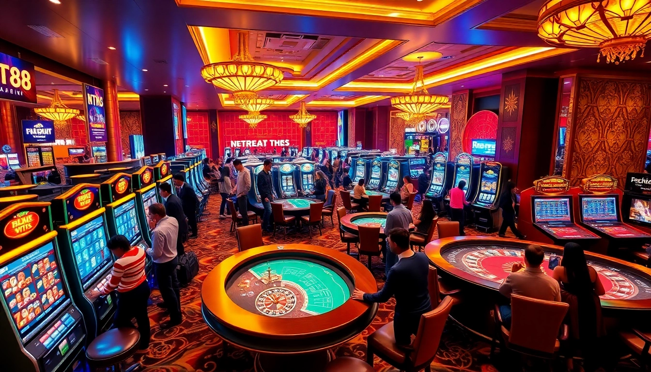 Players celebrating wins at NHÀ CÁI VT88's vibrant casino floor, showcasing excitement and luxury.