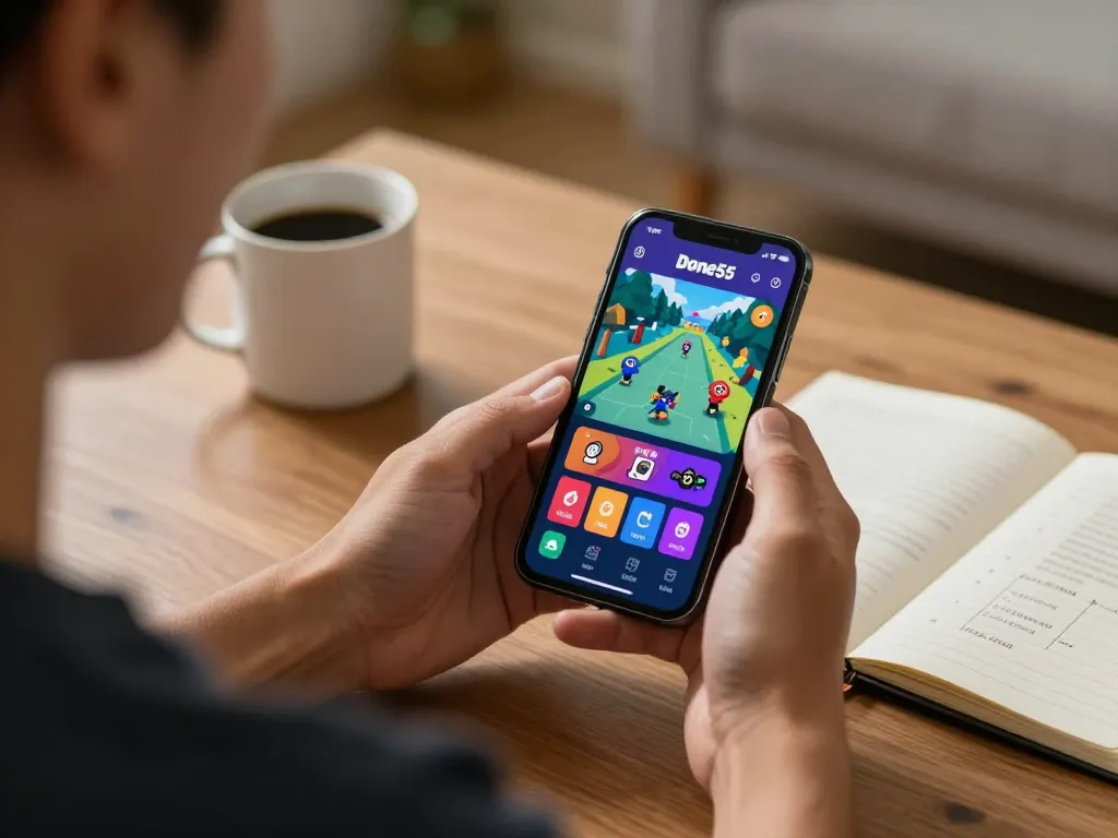 Player engaging with the Done55 app on smartphone, showcasing vibrant game graphics.