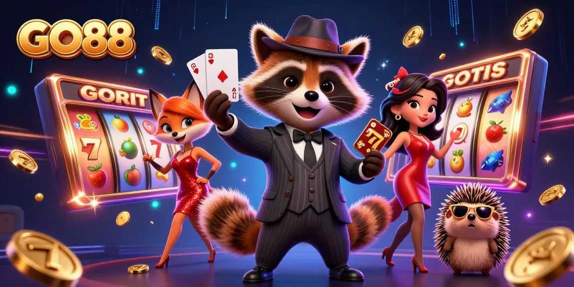 Experience GO88's thrilling slot games with charming raccoon characters and vibrant casino elements.