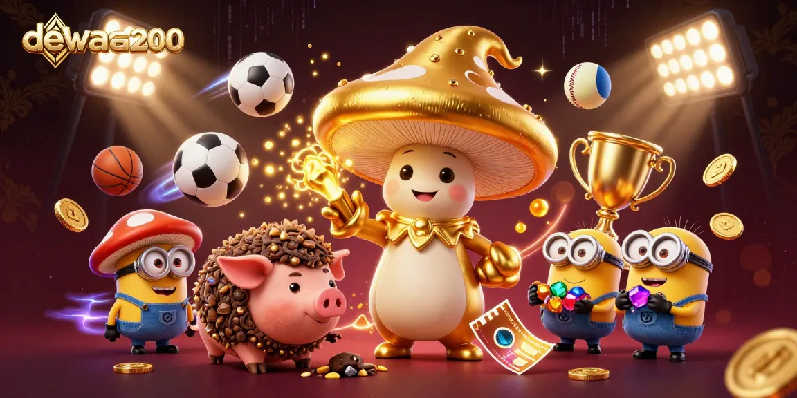 Melihat dewa200 dalam ilustrasi 3D yang menampilkan penyihir jamur emas besar, babi truffle, dan simbol taruhan olahraga.